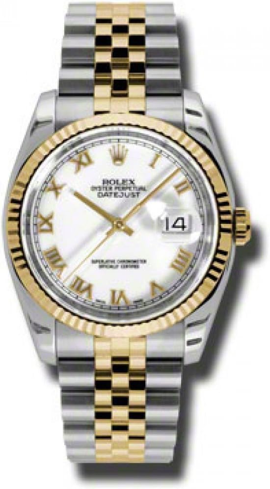Rolex Datejust White Roman Dial Jubilee Bracelet Fluted Bezel Two Tone Mens Watch 116233WRJ