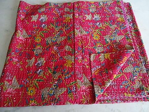 Sophia Art Indian Handmade Bohemain Beddding Bedspread Kantha Throw Quilt Cotton Kantha Bird of Paradise Twin Home Decor Kantha Quilt (Pink)