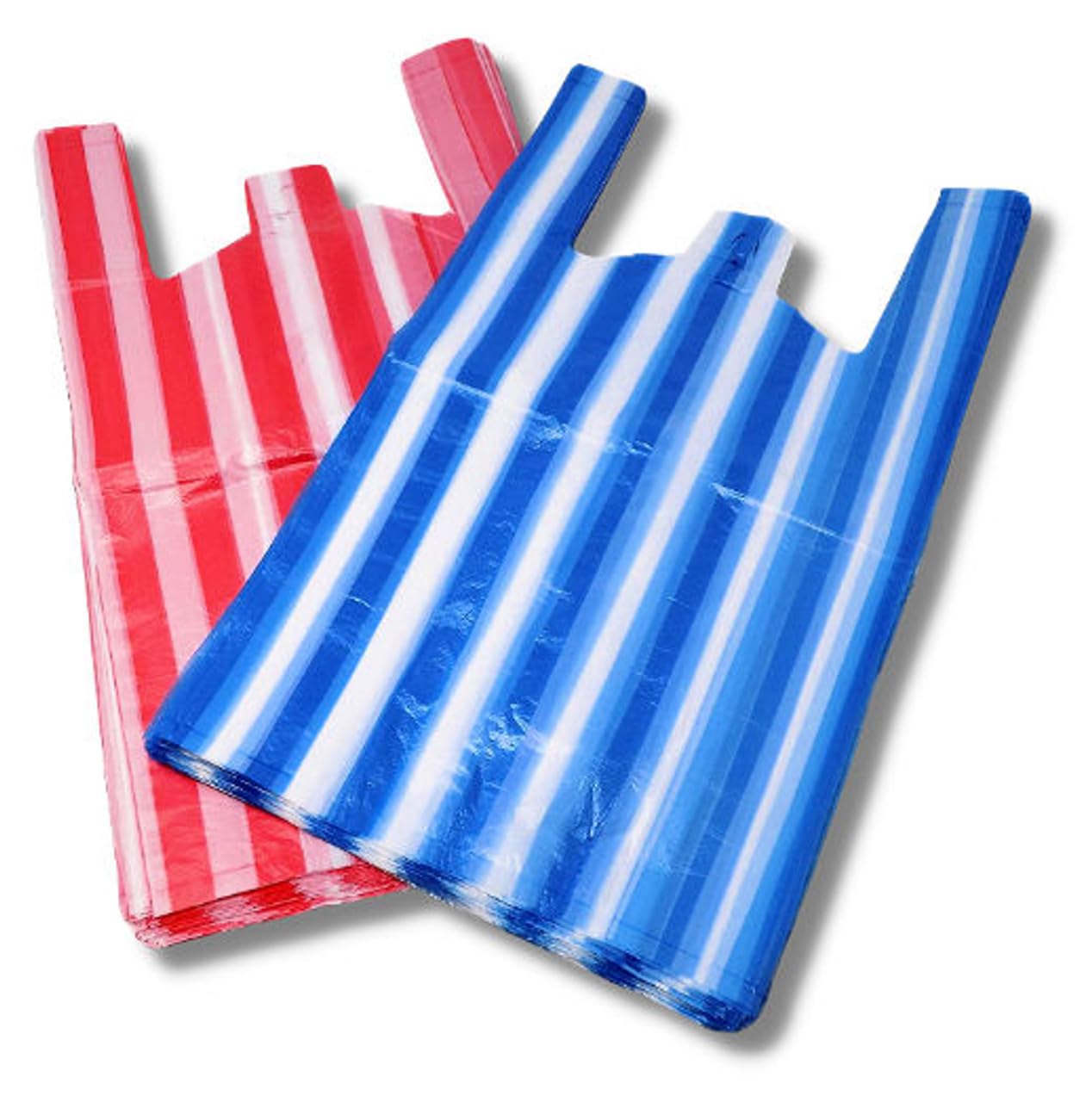 100 Blue & 100 Red Efforias Large (11 X 17 X 21) Candy Stripe Plastic Vest Carrier Shopping Bags