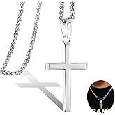 LOFITOR 925 Sterling Silver Cross Necklace for Men Women with 3MM Stainless Steel Strong Durable Wheat Chain 18K White Gold Plated Beveled Edge Crucifix Pendant Necklace Jewelry Present 16-28 Inches