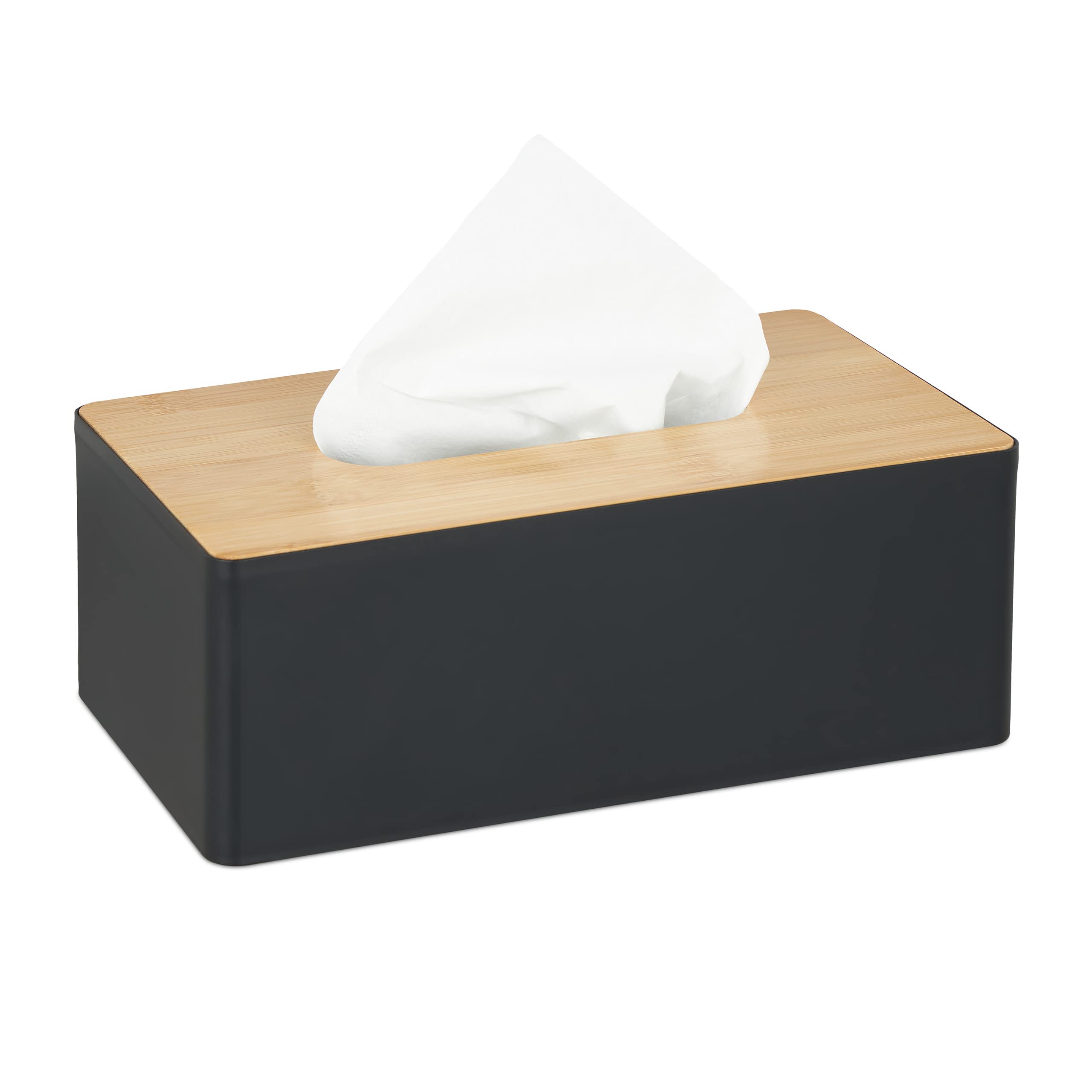Relaxdays Tissue Box with Bamboo Lid, Refillable, Bathroom, Modern Dispenser, Plastic, 10 x 26 x 14 cm, Black/Natural