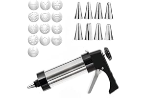 Gewaha Cookie Press Gun Kit, Stainless Steel Spritz Cookie Press for Baking Icing Gun with 13 Cookie Discs and 8 Piping Tips 