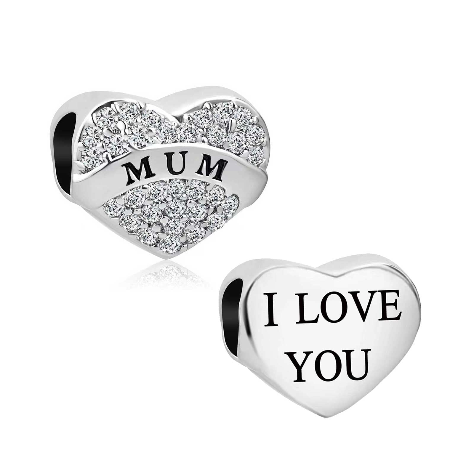 KunBead Jewelry Mum I Love You Heart Mothers Day Gift Bead Charms Compatible with Pandora Bracelets for Women Girls