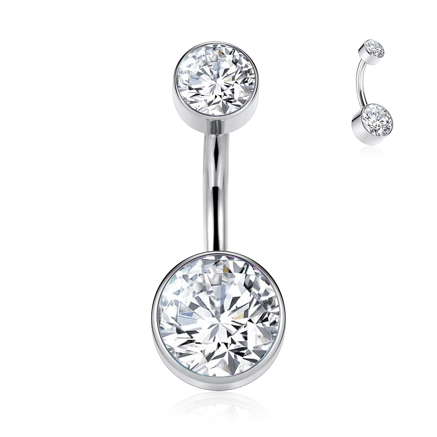 G23 Titanium Navel Ring Internally Threaded Belly Button Ring Belly Button Piericing 14G Navel Ring 3/8 inch (10mm) Belly Button Bar Curved Shape with Clear CZ Navel Jewellery Navel Piercing