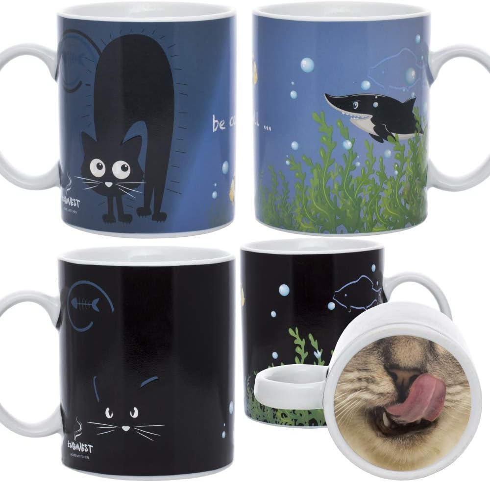 InGwest Home. Funny Coffee Mug with Cat and Funny Tongue on Bottom. 11 Ounce. Changing Color Mug. Ceramic Heat Sensitive Colour Changing Mug. Novelty Heat Sensitive Mug