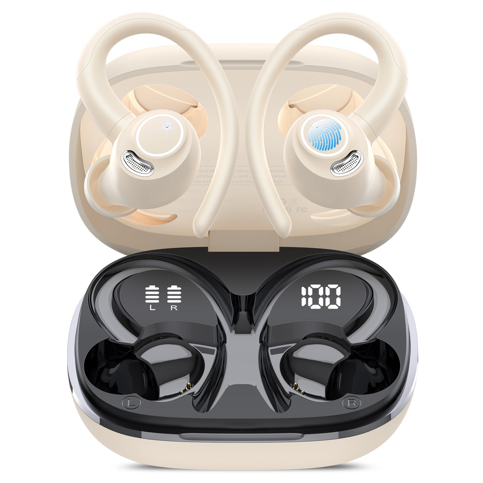 Wireless Earbuds, Bluetooth 5.4 Headphones Sport, Over Ear Buds With ENC Noise Cancelling Mic,48H,Wireless Earphone With Earhooks, Stereo Deep Bass,IP7 Waterproof ear bud for Workout Running,Off White Image