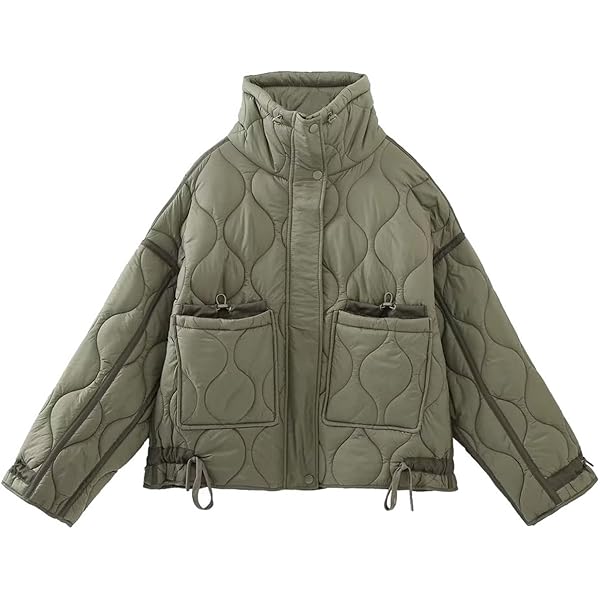 Womens Fashion Oversized Quilted Jacket Zip Up Stand Collar