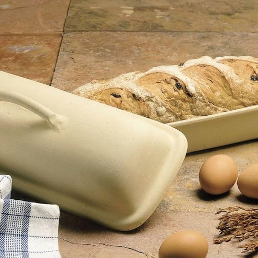 Sassafras Superstone® Covered Bread Baker with Lid - Bisque Glazed Exterior and Unglazed Interior Stoneware Bakeware - Bakes an Artisan Italian Bread with Crusty Crust and a Light Crumb
