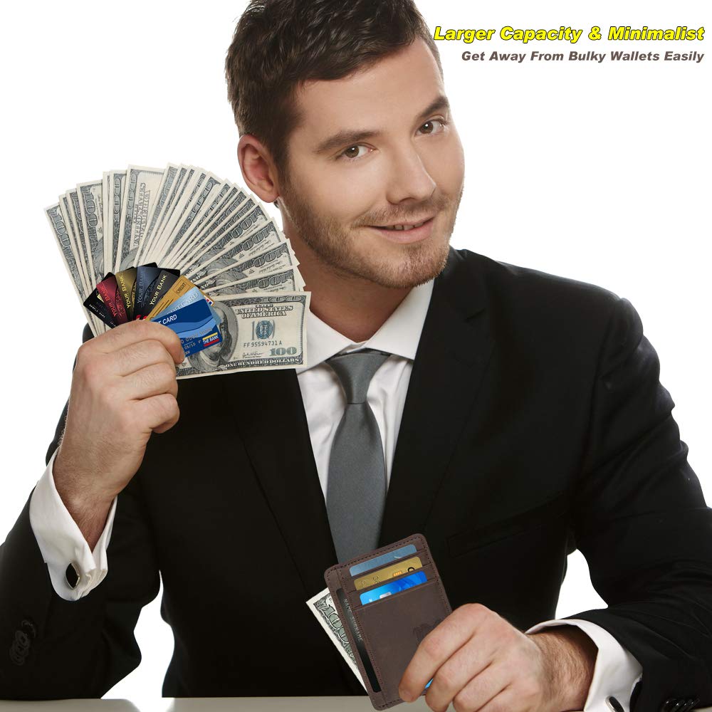 Mens Money Clip Wallet Leather Slim Front Pocket Magnetic RFID Money Clip Wallet (brow without manget)