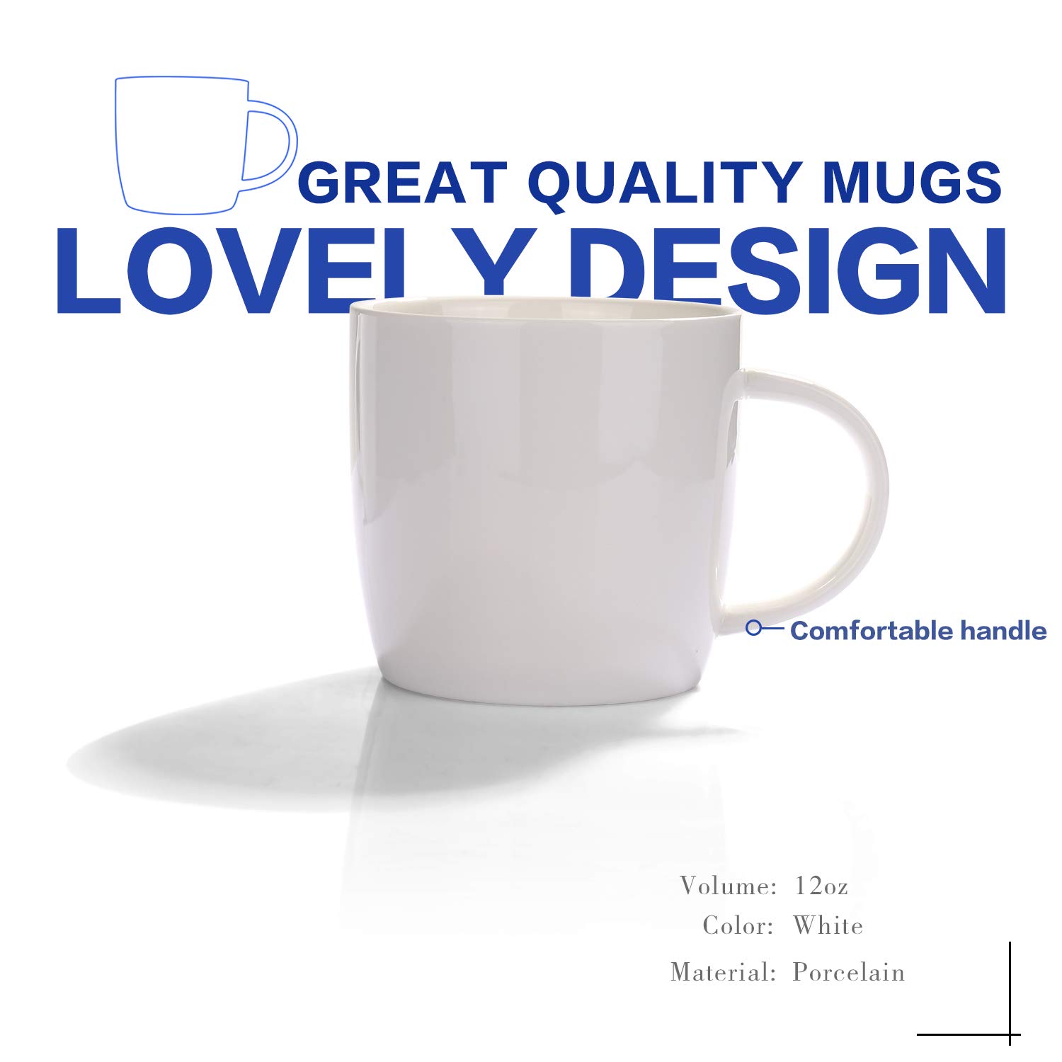 Alt-GT Porcelain Mugs for Coffee, Tea, Cocoa, Latte,Ceramic Mulled Drinks Restaurant Mug Set, Set of 6 (White-10oz)