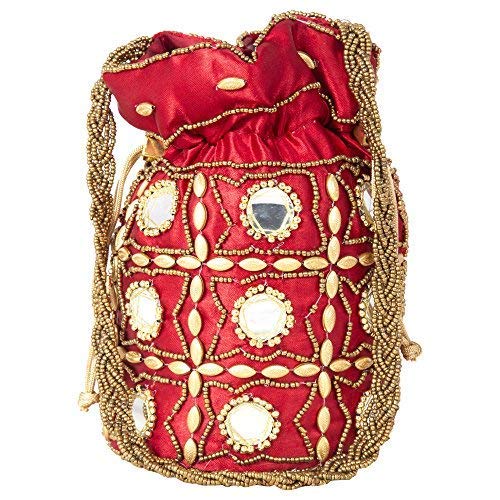 Besterbuy Handmade Golden Ethnic Mirror Work embroidery Rajasthani Potli Bag/Clutch/Bridal Clutch/Part wear