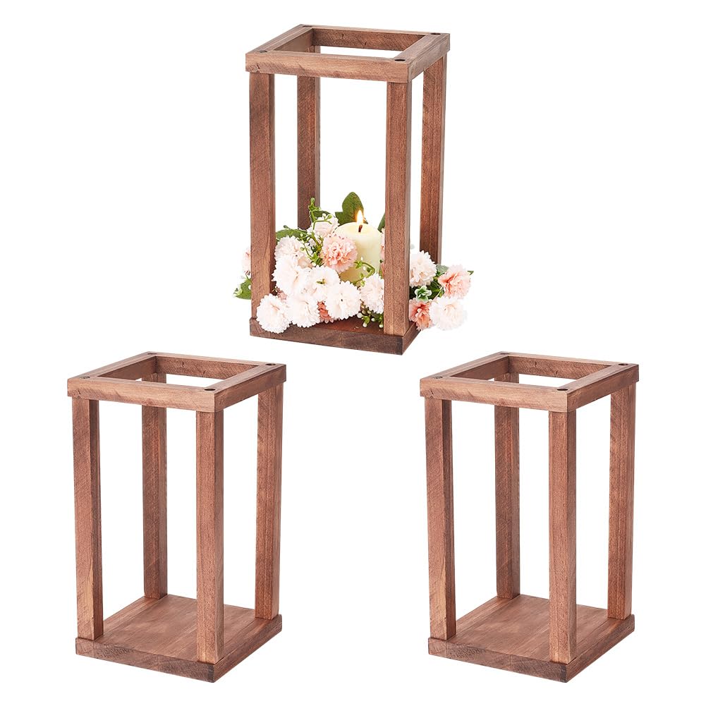 OLYCRAFT 3 Set Rustic Farmhouse Wooden Wedding Lanterns - Decorative Pillar Candle Holders - 13x13x22cm