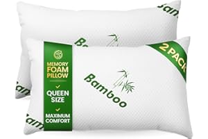 SLEEPAVO Memory Foam Pillows Queen Size Set of 2 - Cooling Bed Pillows for Sleeping - Back, Stomach, Side Sleeper Firm, Comfy Cool Shredded - 2 Pack, Rayon Derived from Bamboo