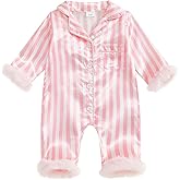 Multitrust Newborn Baby Girl Striped Silk Pajamas Button Down Feather Trim Long Sleeve Satin Infant Pjs One Piece Jumpsuit