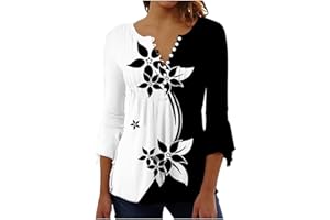 FLEKMANART Ladies Floral Printing 3/4 Sleeve Blouses V-Neck Short Sleeve Button Down T-Shirt Summer Casual Tunic Tops