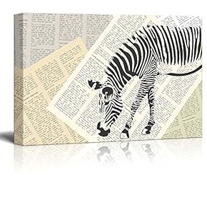 Canvas Wll Art - Zebra on Vintage Newspaper Background - Giclee Print and Stretched Ready to Hang - 12"x18"