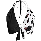 Verdusa Women's Y2k Western Cowgirl Rave Outfits Halter Top Cow Print Deep V Neck Tie Backless Crop Tops