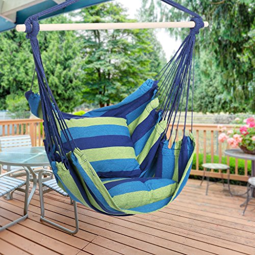 Finehter Hanging Rope Hammock with Pillow Set|Hanging Chair Swing seat for Indoor Outdoor Use|265 lbs Weight Capacity,Blue & Green Stripe,No Fade