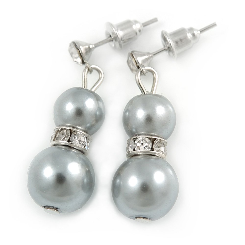 9mm Light Grey Glass Pearl Bead With Crystal Ring Drop Earrings/ 30mm