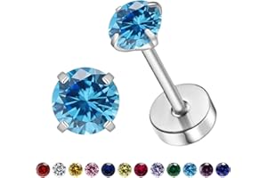 VDKIDKT Flat Back Birthstone Stud Earrings for Women Girls, 3mm Tiny CZ Flat Back Stud Earrings, Screw Back Tiny Earrings Stu