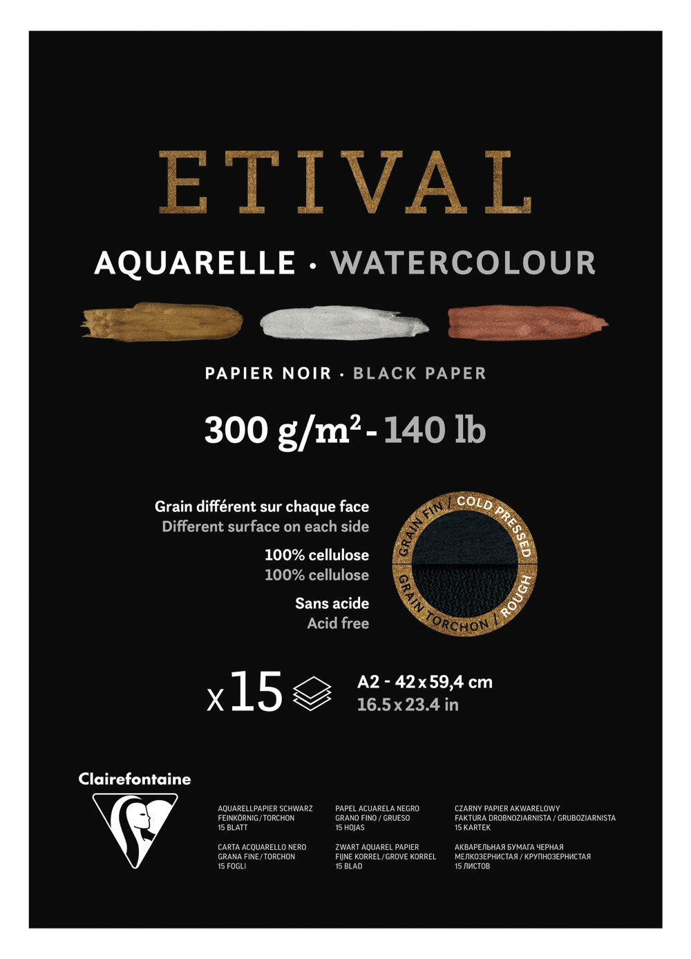 Clairefontaine - Ref 975320C - Etival Cold Pressed Black Watercolour Painting & Drawing Pad (15 Sheets of Paper) - A2 (59.4 x 42cm) - 300gsm Cellulose Art Paper