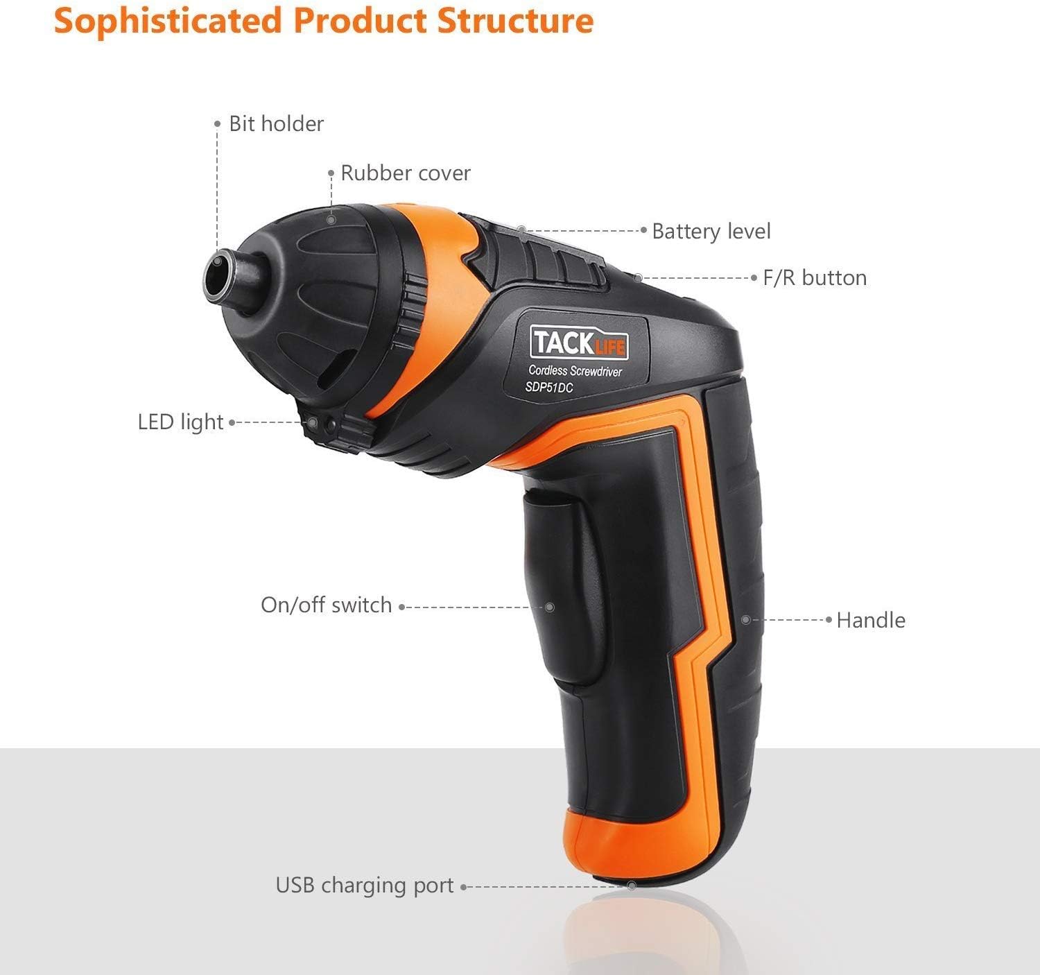 TACKLIFE SDP51DC Electric Screwdriver, 3.6V MAX 2.0Ah Li-ion Cordless Screwdriver Rechargeable, 4N.m, 33pcs Accessories, USB Fast Charging, With LED, for Mounting Furniture, Shelves, Mini-blind etc.: Home Improvement