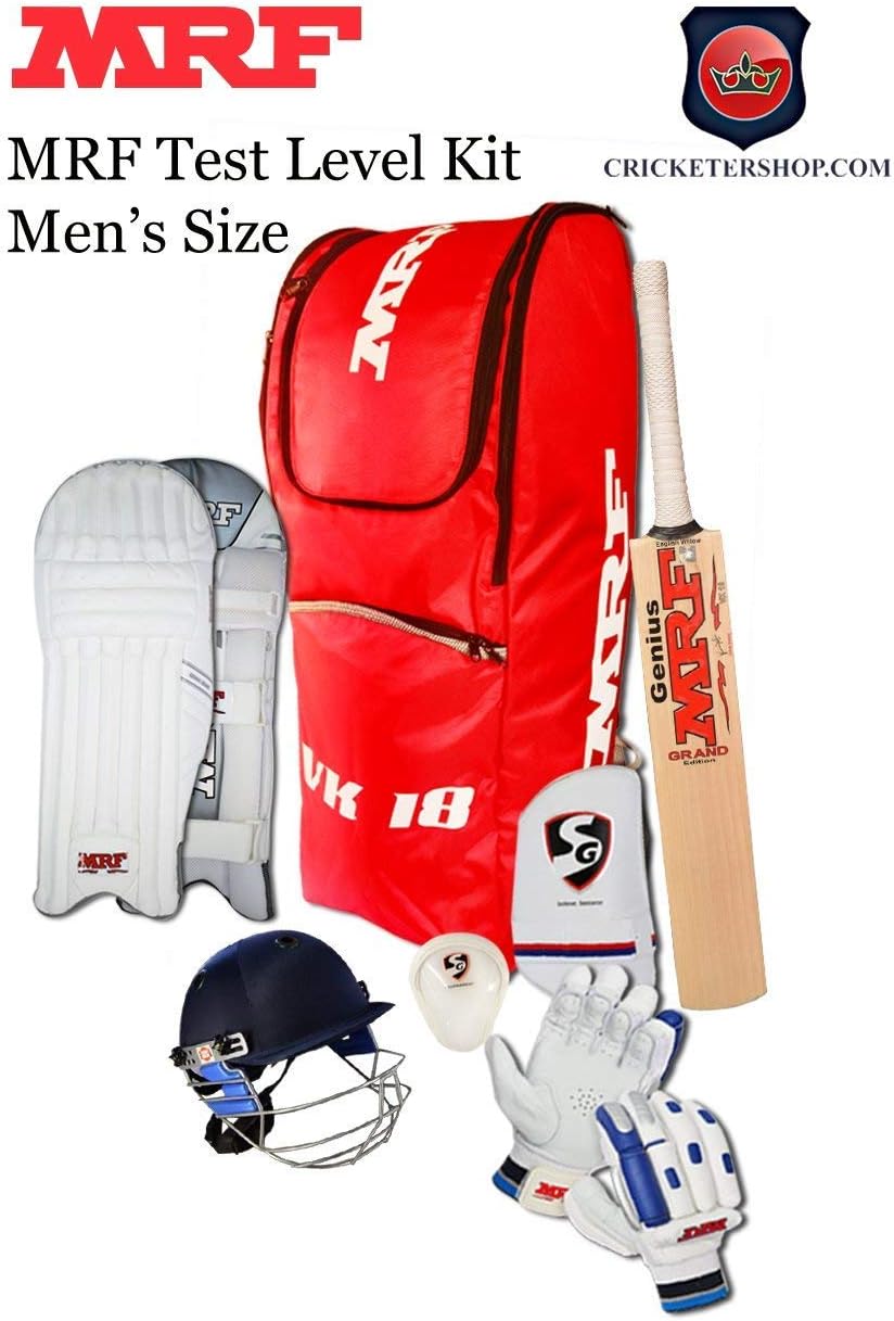 Mrf Test Level Complete Cricket Kit English Willow Bat, Leg Guards, Gloves, Guard, Kit Bag, Helmet, Thigh Guard Seniors Size with Fast DELIVERY