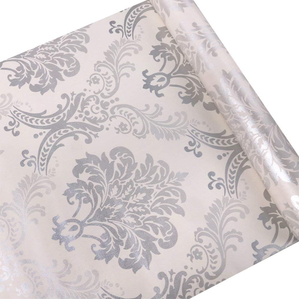 LEPENDOR Silver Damask Peel and Stick Wallpaper 0.45x3m Waterproof Decorative