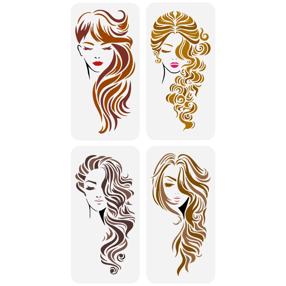 FINGERINSPIRE 4 Pcs Long Hair Woman Face Painting Large Stencil 30x15cm PET Beautiful Girl Spraying Big Stencil Reusable Lady Line Art Face Wall Stencil Woman Themes Huge Stencil for DIY Scrapbook
