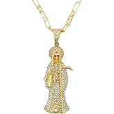 14k Yellow Gold La Santa Muerte Necklace For Women And Men - Holy Death's Pendant Necklace, Santa Muerte Pendant With Chain, Holy Saint Death Religious Jewelry Gift