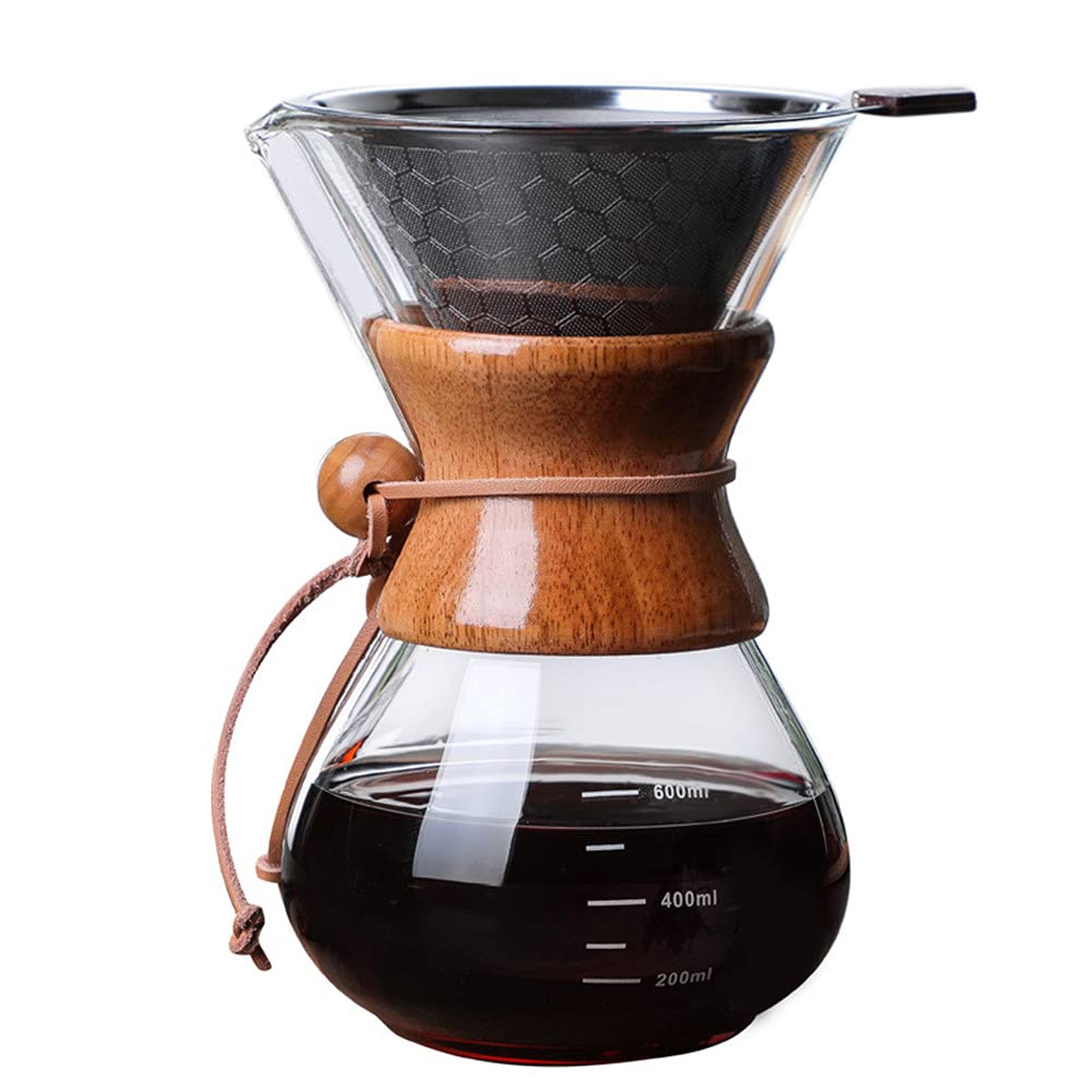 Glass Pour Over Coffee Maker with Double-layer Stainless Steel Filter, 600ml Coffee Dripper Brewer, High Heat Resistant Glass Coffee Pot for Home, Office, Camping, 20 oz / 600 ML (4-Cup)