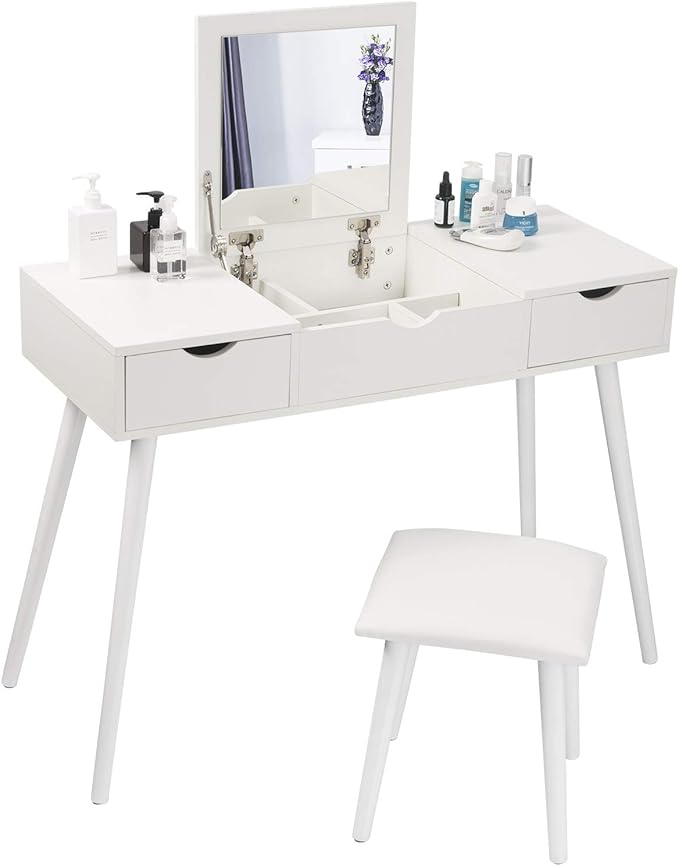 EUGAD Juego Mesa de Tocador con Taburete con Bisagras Tocador Moderno