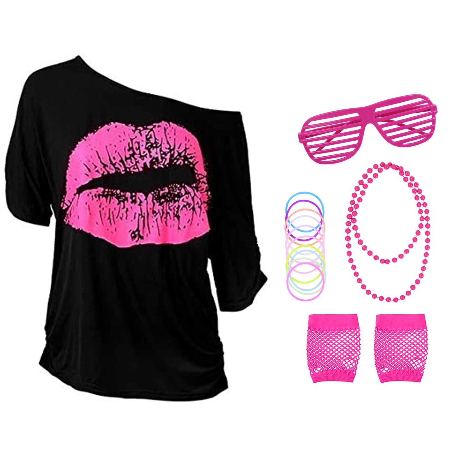 Aomig Women's 80s Costume Accessories Set, 5pcs 80s Fancy Dress Party Retro Costume Accessories for Women Girls, Lips Print T-Shirt with Necklace Fishnet Gloves Neon Blind Glasses for 80s Theme Party…