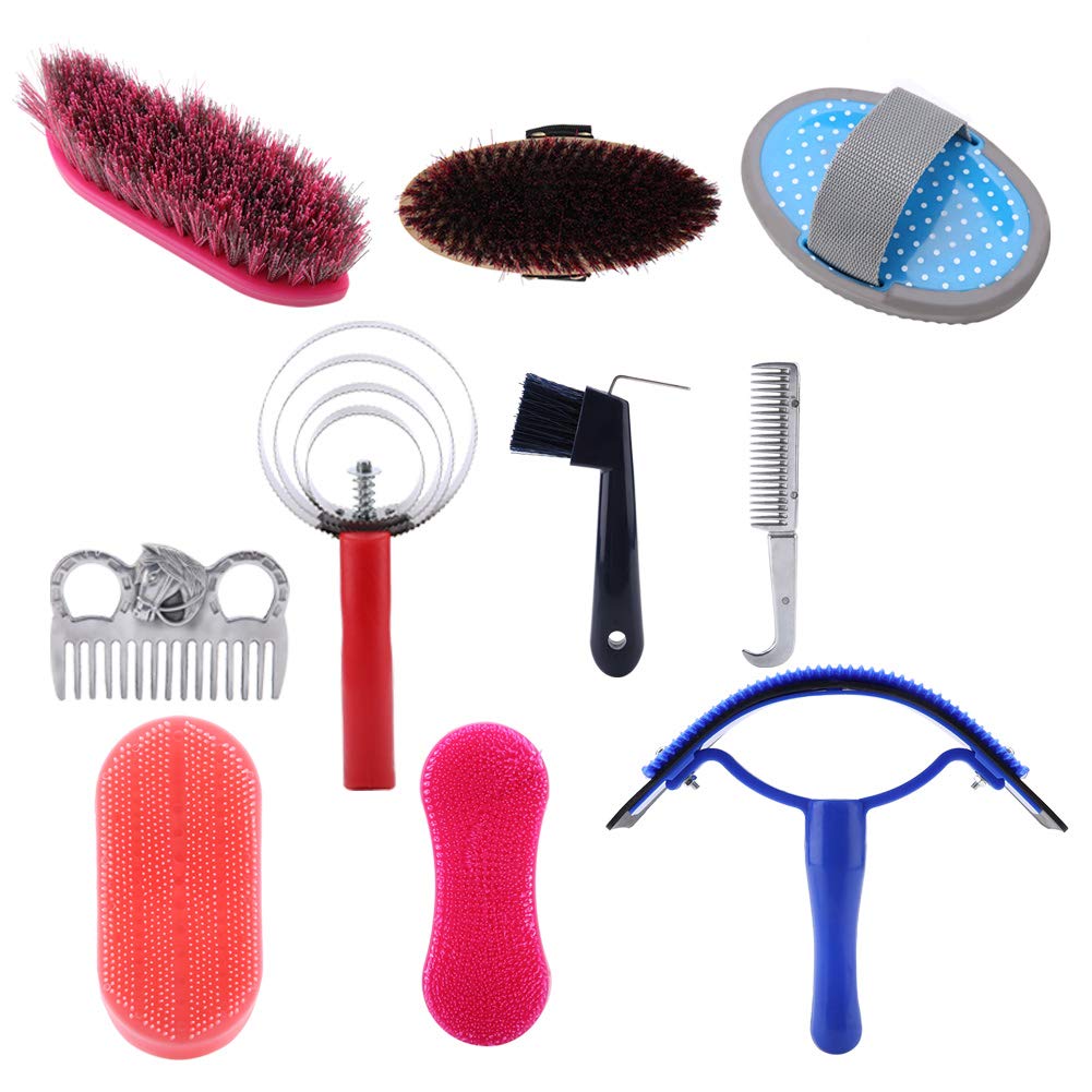 Pssopp Professional 10Pcs Horse Grooming Kit | Complete Equestrian Brush Set with Curry Comb, Body Brush, Mane Brush & Tail Brush for Horse Cleaning and Care
