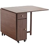 COMUHOME Drop Leaf Folding Dining Table with Storage, Wheels, Space Saving | Foldable Design, 18mm Thick Plywood, 300lbs Capacity, Locking Wheels, Farmhouse, for Living Room Kitchen Small Spaces, Walnut