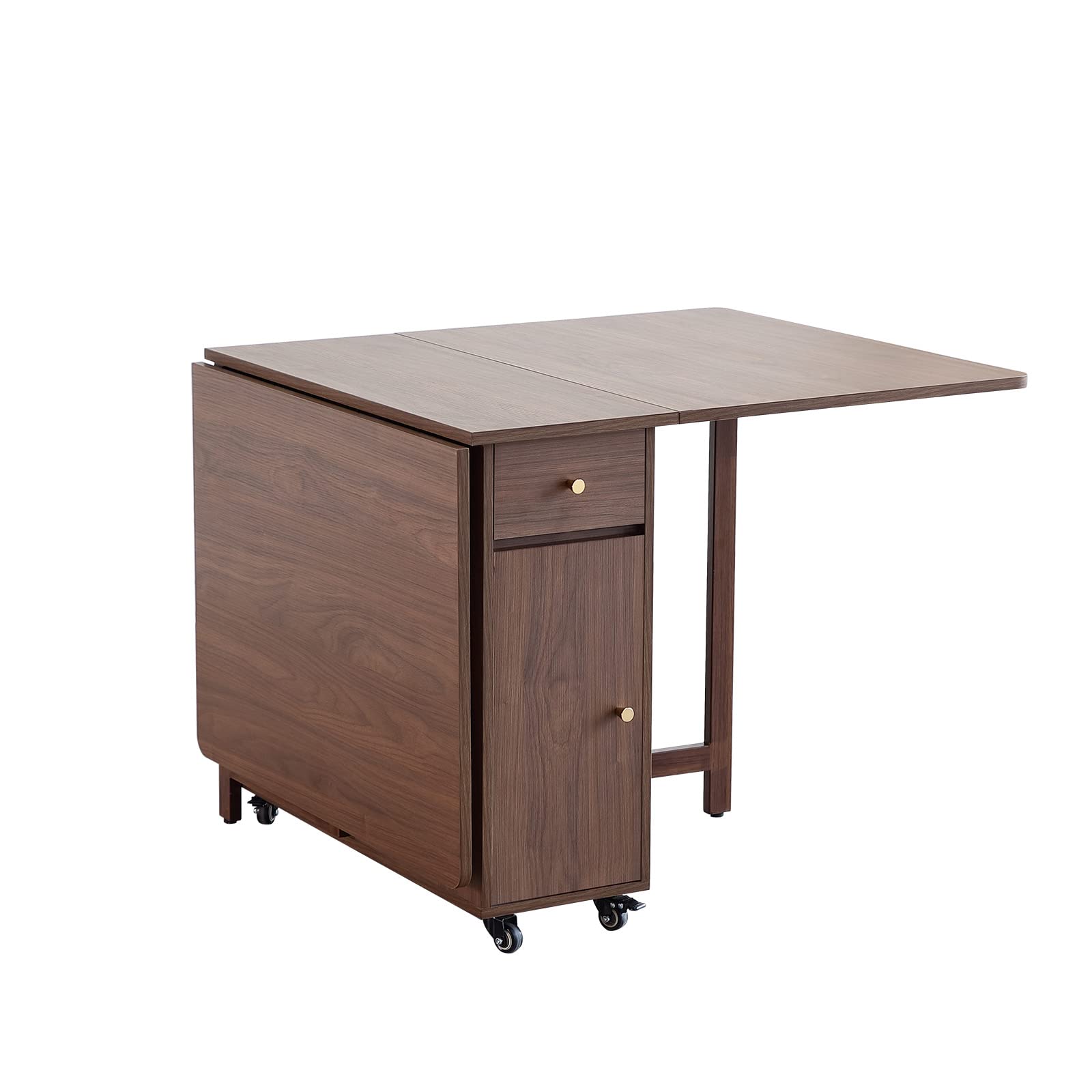 Photo 1 of COMUHOME Extendable Drop Leaf Foldable Dining Table with 2 Drawers and 4 Wheels for Living Room Kitchen Farmhouse Space Saving Table in Walnut