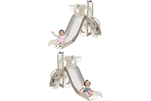 GITAWUSA 6 in 1 Toddler Slide for 1-3, Indoor Outdoor Kids Slide with Basketball Hoop, Storage, Climber and Telescope, L Shaped Slide for Toddler Climber Playset (White Gray)