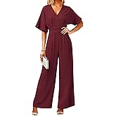 LOOKBOHO Women's One Piece Jumpsuits Dressy Casual V-Neck Batwing Short Sleeve Wide Leg Elegant Ladies Jumpsuit Rompers