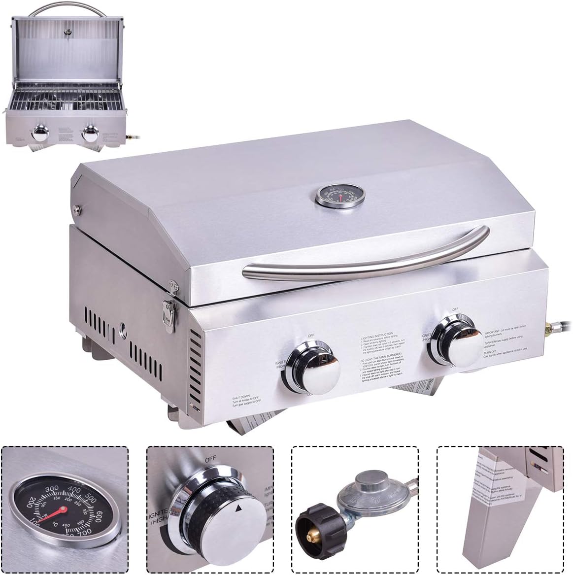 review HAPPYGRILL Stainless Steel Propane Gas Grill, Portable Two-Burner BBQ Grill, Outdoor Grill with Foldable Leg for Camping Picnics, 20000 BTU