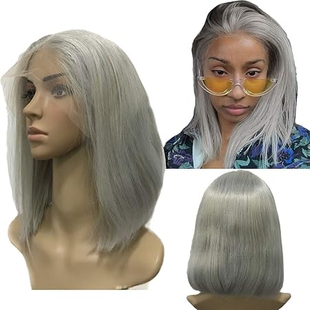 Amazon Koobettiレースフロントウィッグ ストレートレミー人間の髪 ミドルパート 本物の髪ボブウィッグ180 密度 フルヘッドウィッグpreplucked グレー 12インチ Koobetti メイク道具 フェイスケアツール 通販