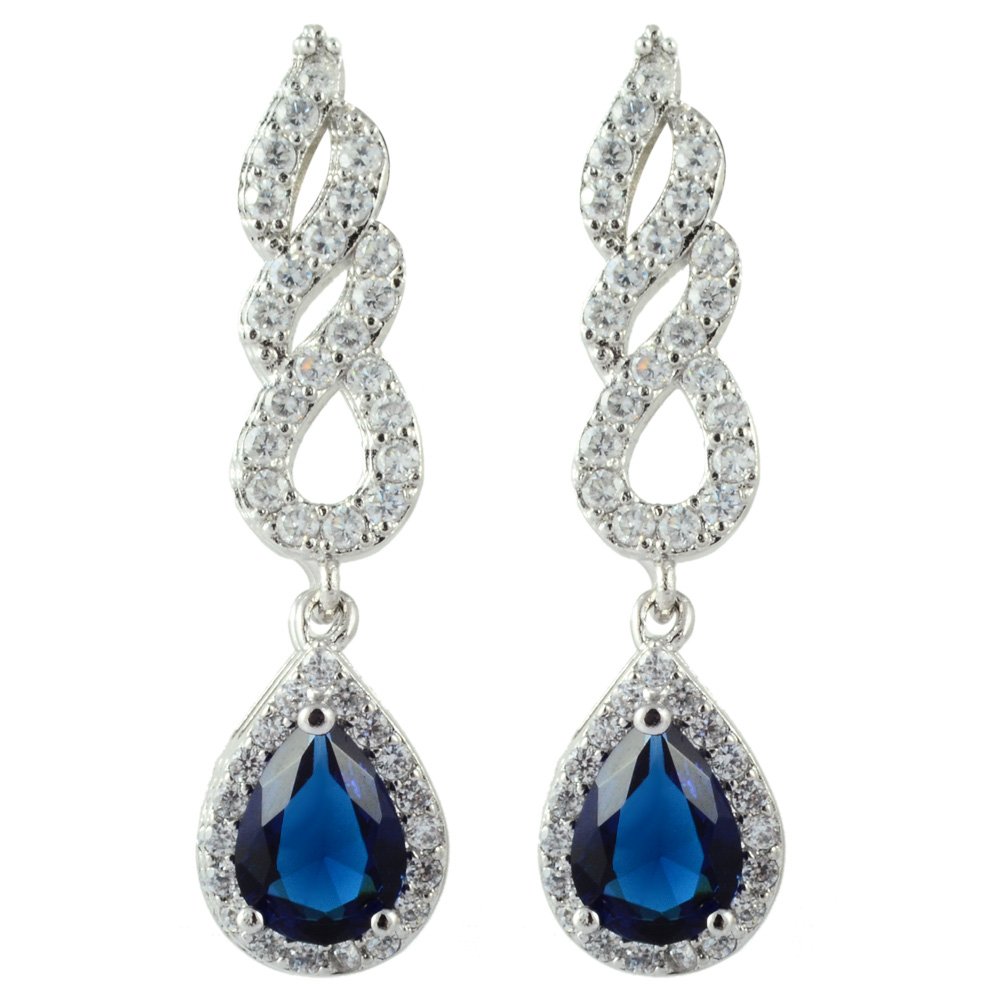 [RIZILIA TEARDROP] Dangle Pierced Earrings with Pear Cut Gemstones CZ [Blue Sapphire] in 18K White Gold Plated, Simple Modern Elegance