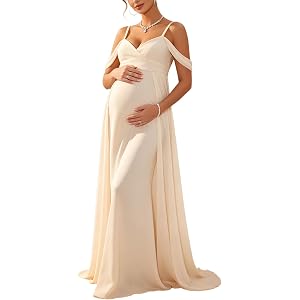 Yissang Maternity Maxi Dress Off Shoulder Strap Chiffon Baby Shower Gown | Chiffon off-shoulder maternity gown, thin spaghett