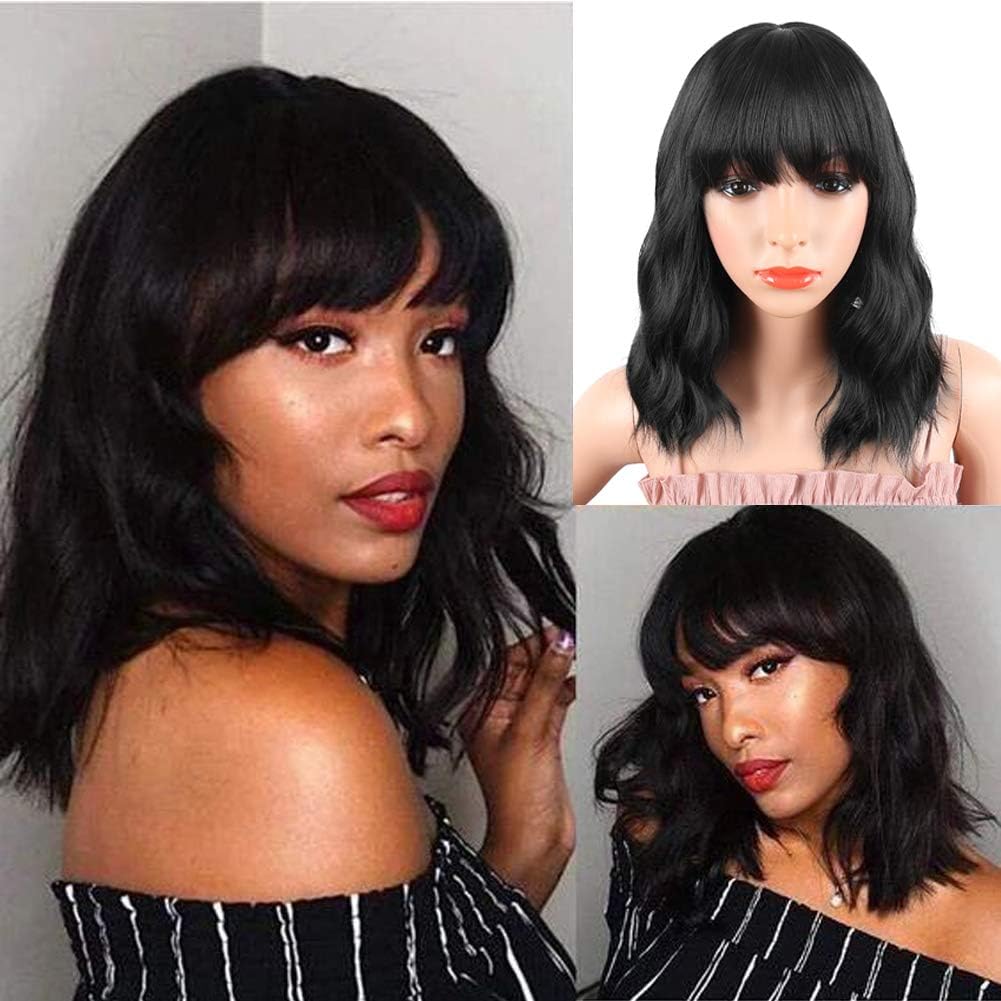 Synthetic Curly Bob Wig with Bangs for Black Women Medium Black Short Curly Wavy Wig Natural Heat Resistant Fiber Wavy Bob Cut Wigs Shoulder Length Wig Black Bob Wavy (Black)