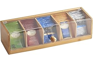 Bamboo Tea Bag Organizer, Bamboo Tea Box with 5 Compartments, Tea Storage Organizer Holder Box with Acrylic Window for Teabag