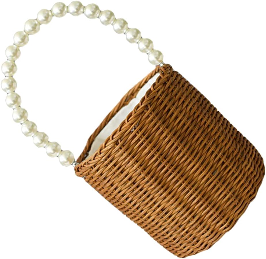 EXCEART Bolso de Mimbre Blanco con Asa de Perla de Imitación Bolsos de