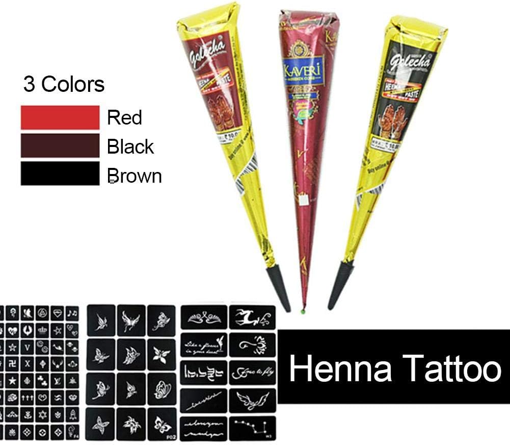 Heoolstranger Henna Tattoo Kit - 3 Colors Temporary Henna Tattoo Paste Cone with 20 Henna Template Set