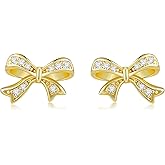 ANGELLIS 925 Sterling Silver Rhinestone Bow Earrings for Women - 14K Gold Plated Hypoallergenic Cubic Zirconia Sparkly Bow Stud Earrings for Christmas Gifts Stocking Stuffers Jewelry