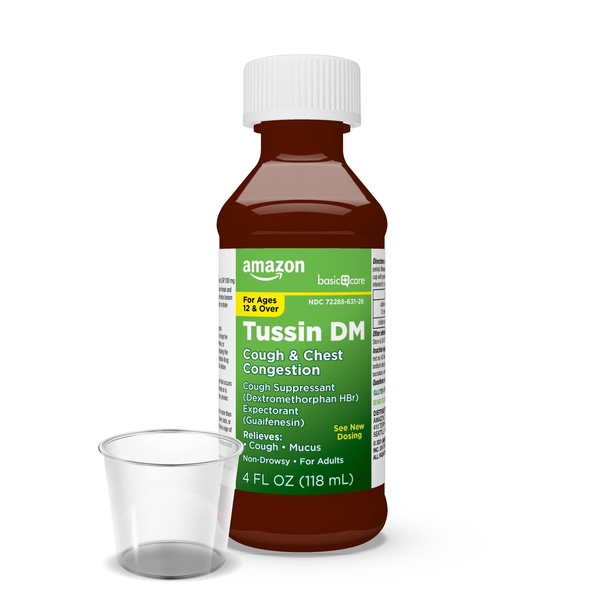 Amazon Basic Care Tussin DM, Cough Plus Chest Congestion Syrup for Adults and Ages 12 and Over, Raspberry Flavor, 4 fl oz (Pack of 1)