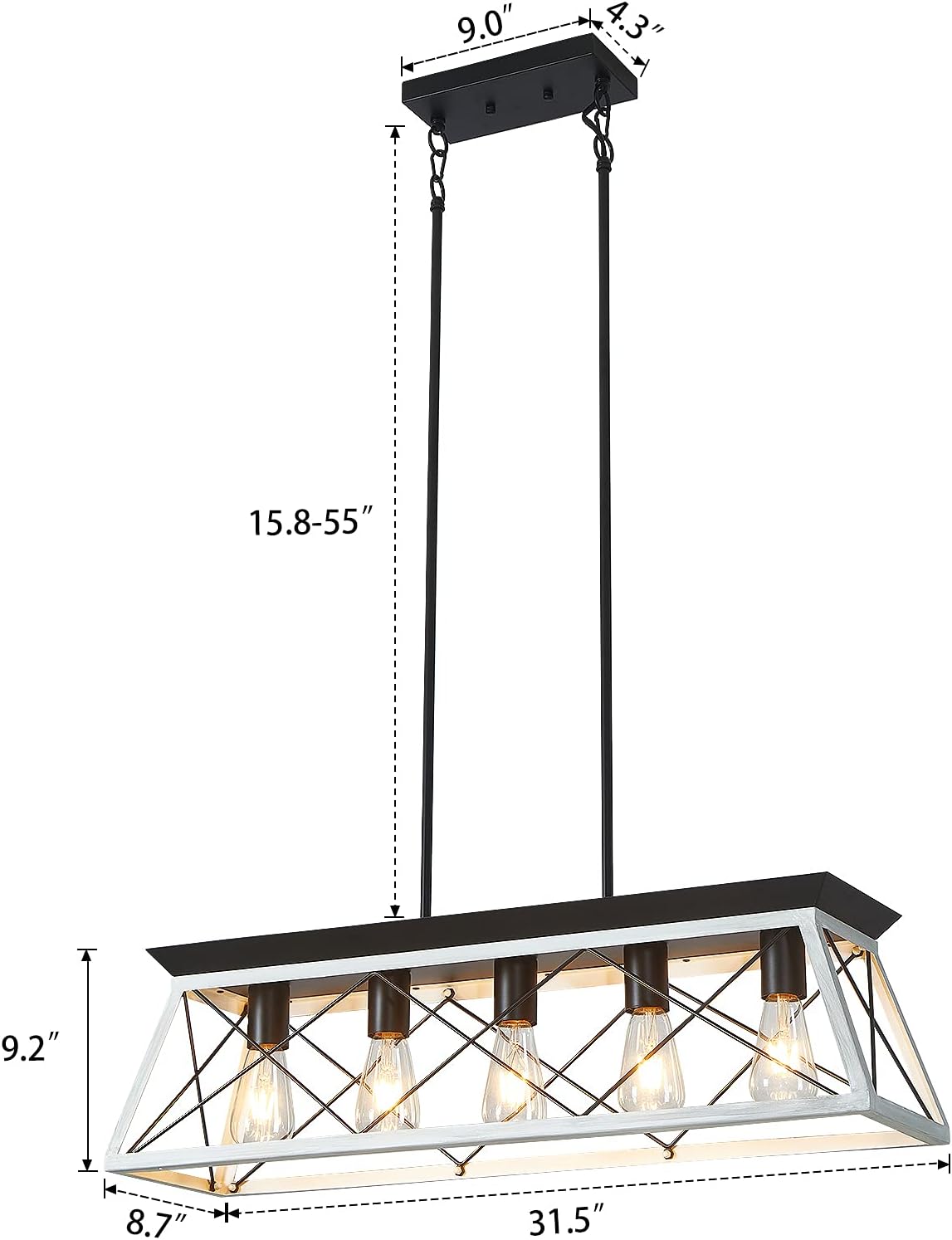 5-Light Farmhouse Kitchen Island Chandelier, Metal Linear Island Pendant Light Fixtures in White Finish for Dining, Living Room, Bar, Restaurants (White, 5-Light) - - 