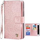iPhone 8 Plus Case, iPhone 7 Plus Case, BENTOBEN Luxury Shiny Bling Flip Folio Wallet Case Credit Card Slots Cash Holder Nickel Plated Press Stud Wrist Strap Magnetic Snap Closure, Rose Gold